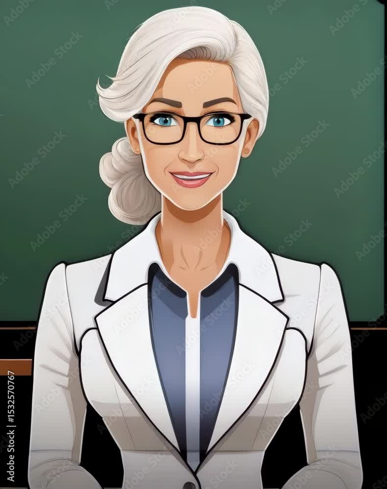 Smart Educator: A sophisticated educator, complete with glasses and a smart ensemble, epitomizes knowledge and approachability against the backdrop of a familiar chalkboard.