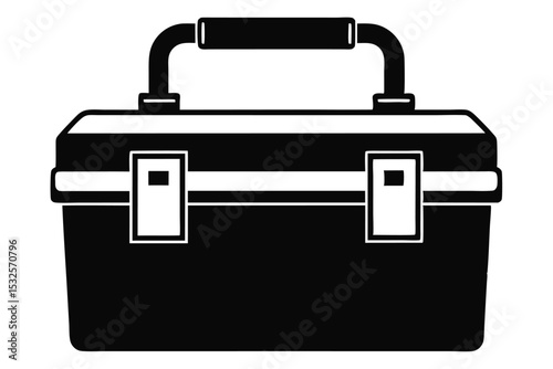 Black and White Image of a Classic Toolbox with Handle and Latches Graphic