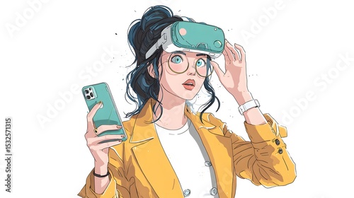 cartoon businesswoman wearing VR goggles