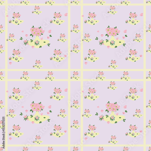 Bouquet collection seamless fabric vector pattern.Pink flower bouquet in yellow illustration ideal for fabric prints,rugs,and home decor.seamless floral design.