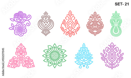 Rhinestone hotfix transfer Buti set design for laser cutting, 2.2 mm hole size 6 ss, floral and symmetrical geometric designs.