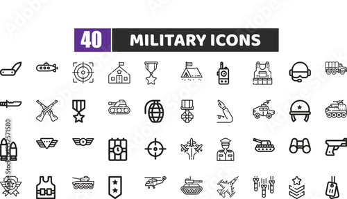Military Icons Vector Set, War, Army, Weapon, Tank, Badge, Soldier, Helmet, Combat Symbols