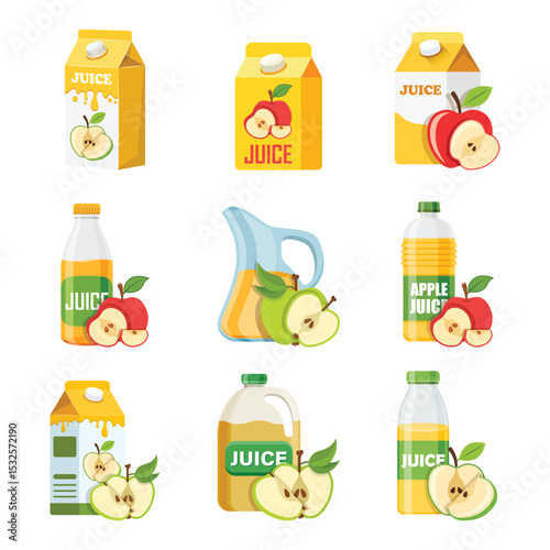 Apple juice icon set collection in flat style. Fresh fruit drink vector illustration on isolated background. Healthy food sign business concept.