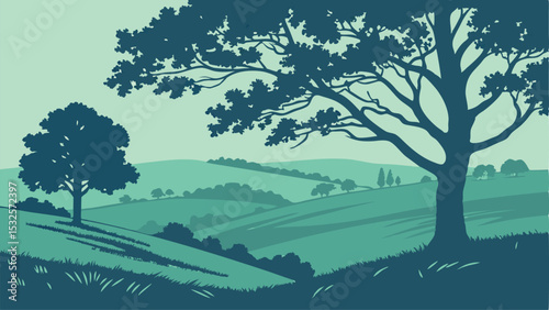 landscape with trees, two color design, illustration, vector art