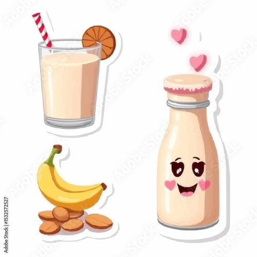 Deliciously vibrant smoothie with banana slices and charming milk bottle in a playful kitchen setting