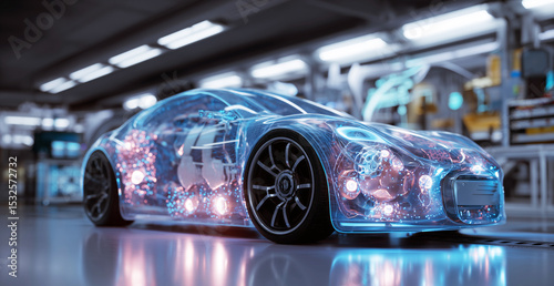 A futuristic vehicle designed with bioengineered features is displayed in a high-tech lab.