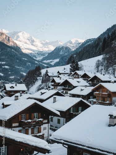 Swiss Alps mountain village with snow covered rooftops and a cozy winter aesthetic, perfect for seasonal travel posters, banners, and social media visuals.

