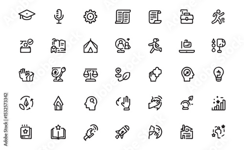 A collection of minimalist black line icons representing various concepts and symbols.