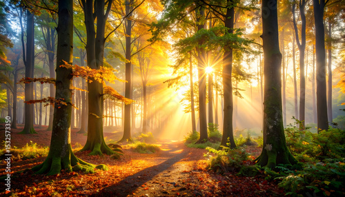Sunbeams Through Autumn Forest Magical Golden Hour in Nature