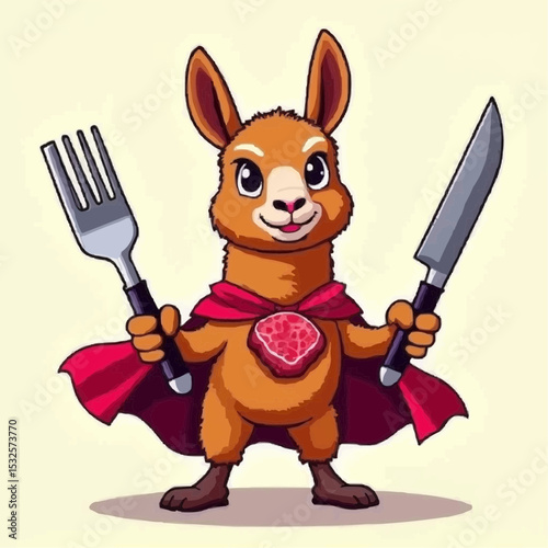Heroic squirrel in a cape brandishing utensils ready to cook up a feast in a whimsical kitchen setting