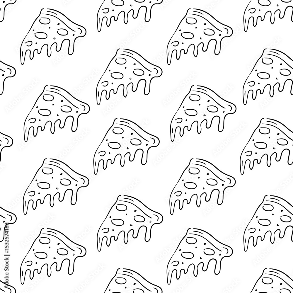 Fototapeta premium Line drawing pattern of pizza slices with melted cheese on white background showcasing a playful and fun design
