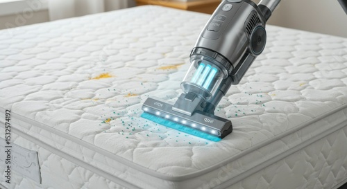Cleaning a mattress with a specialized vacuum cleaner.  A powerful tool is used to remove dirt and stains