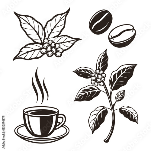 Coffee cup with beans and steam in vector icon style