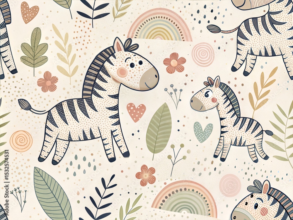 Fototapeta premium Seamless Pattern with Cute Colorful Zebra. Hand Drawn Animal Background Illustration for Kids and Nursery Design