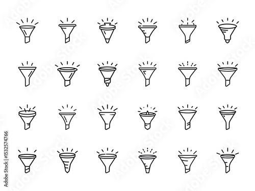Set of 25 Glowing Funnel Icons – Minimal Vector Line Art of Filter Symbols Representing Data Sorting, Marketing Funnels, Search Filters, and Process Optimization Tools