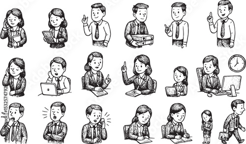 This black-and-white sketch collection features diverse office staff engaged in various activities—working on laptops, taking calls, presenting ideas, writing notes, and managing time.