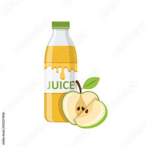 Apple juice in bottle icon in flat style. Fresh fruit drink vector illustration on isolated background. Healthy food sign business concept.