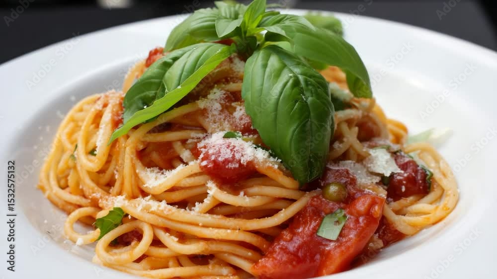 Spaghetti topped with rich tomato sauce and fresh basil leaves, elegantly presented in a white dish against a contrasting dark backdrop Spaghetti topped with rich tomato sauce and fresh basil leaves, elegantly presented in a white dish against a contrasting dark backdrop