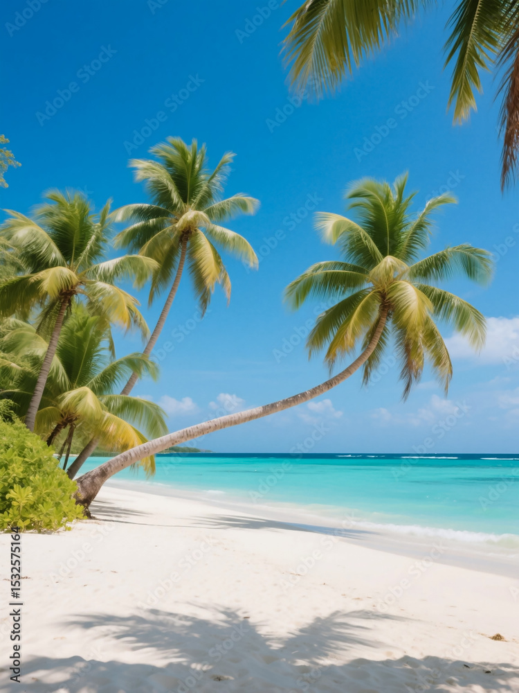 Fototapeta premium Tropical Maldives beach with turquoise water, white sand, and palm trees, capturing a paradise vacation vibe. Ideal for travel posters, banners, and social media visuals.