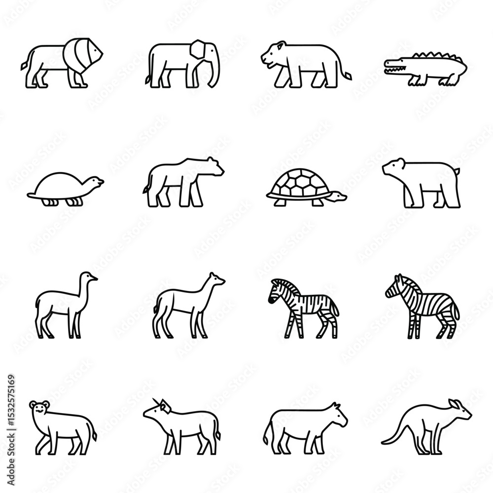 Fototapeta premium Zoo Animal Simple Icons: Lion, Elephant, Zebra
