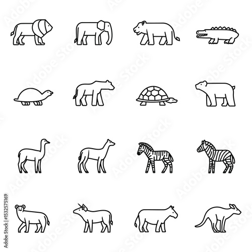 Zoo Animal Simple Icons: Lion, Elephant, Zebra