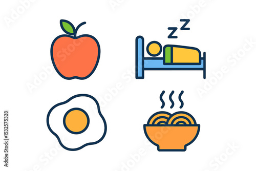 Colorful icons of apple, sleep, egg, and noodles on dark background