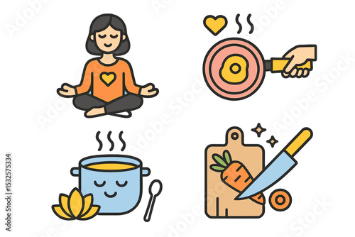 Meditation, cooking icons - female, asian, adult - heart, egg, soup, carrot