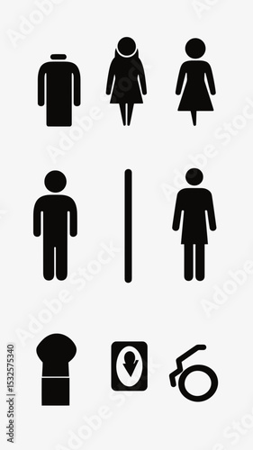 Set of black restroom gender symbols including men, women, accessible, and unisex icons in minimalist flat vector style for signage and identification purposes