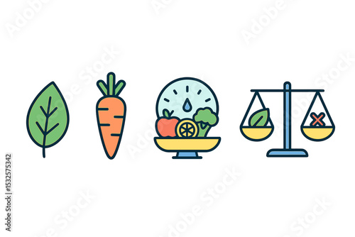 Healthy eating icons - leaf, carrot, scales, balanced diet, vegetables