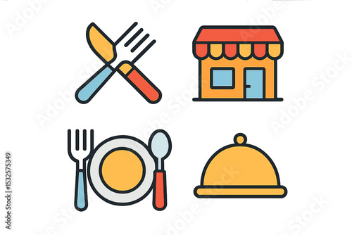 Colorful restaurant icons with cutlery, plate, building, and covered dish
