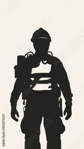 Silhouette of firefighter in protective gear with breathing apparatus and helmet in minimalist flat vector style with copy space for urgency and dedication concept