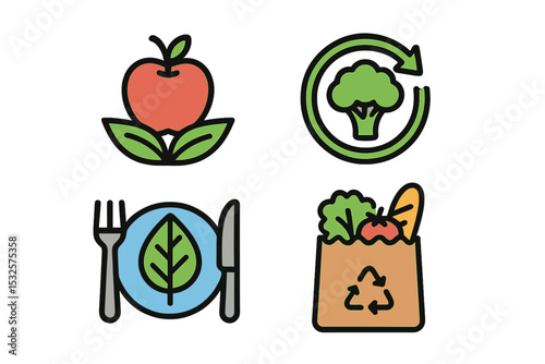 Colorful food icons including apple, broccoli, leafy plate, and recyclable grocery bag
