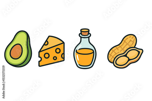 Illustrated icons of avocado, cheese, oil, and peanuts on gradient background