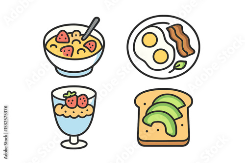 Breakfast icons: cereal, eggs, yogurt, avocado toast - flat design food set