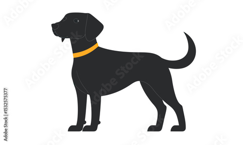 Black dog standing silhouette with yellow collar side view minimalist flat vector illustration on white background for pet and animal design concept