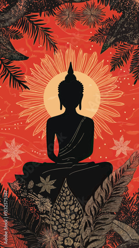 Silhouette of meditating Buddha with floral and leaf patterns in bohemian style with radiant sun halo on vibrant orange background vector illustration