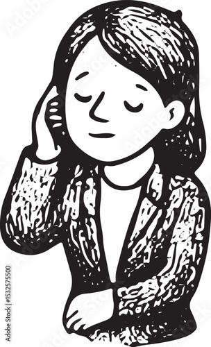 Black-and-white sketch of a businesswoman speaking on a phone, dressed in a suit, focused in an office setting, ideal for communication and professional themes