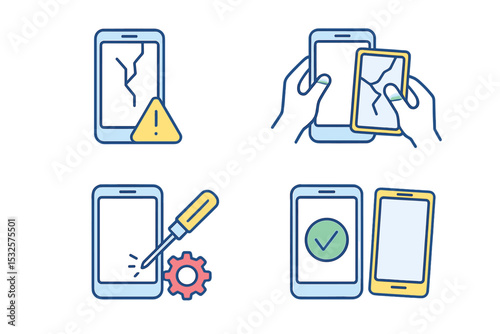 Smartphone repair icons: broken screen, tools, repair process, fixed device