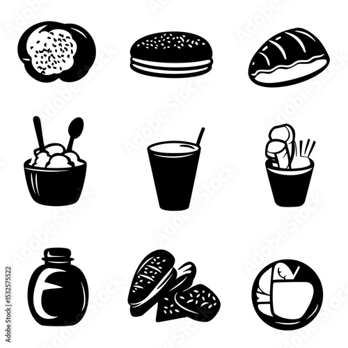 Black silhouette vector icons of assorted fast food items with burger, croissant, ice cream, fries, beverage, honey jar, sandwich, fruit salad in minimalist flat style