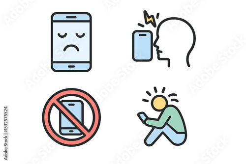 Smartphone addiction warning icons: phone, sad face, head shock, no mobile symbol