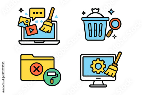 Digital cleanup icons: laptop folder trash bin search settings broom