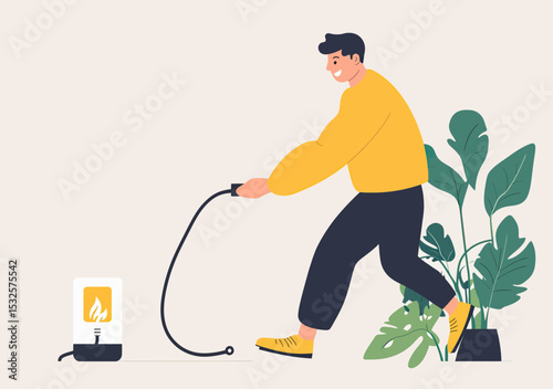 Man unplugging electrical cord from wall socket to save electricity and reduce energy consumption with indoor plant beside him in flat vector design