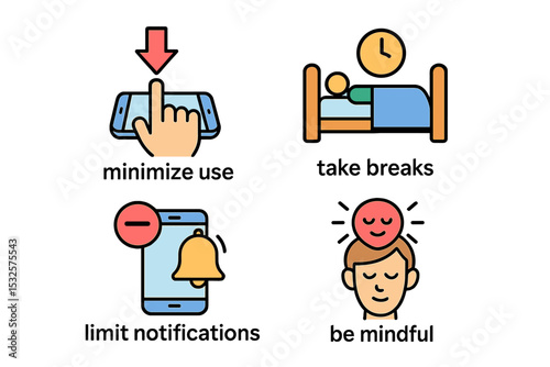 Digital well-being tips: minimize use, take breaks, limit notifications, be mindful