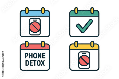 Digital detox calendar icons with phone and check symbol representation