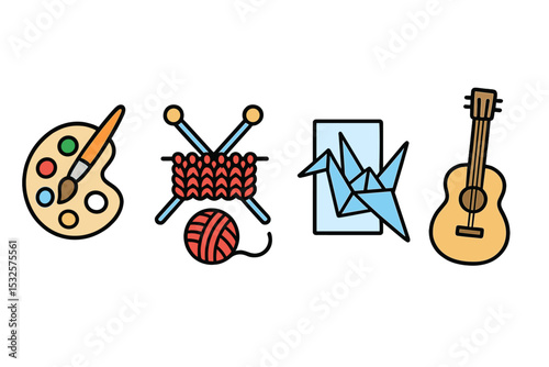 Creative hobbies: art palette, knitting, origami, and guitar