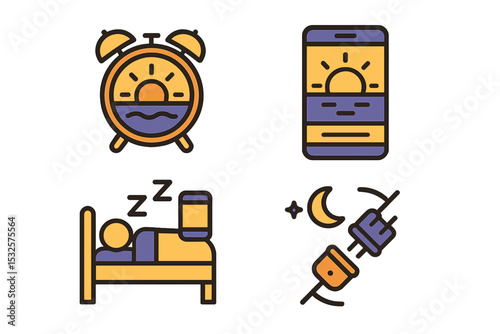 Morning routine icons with alarm clock, smartphone, sleeping person, and plugs