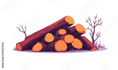 Stacked cut wood logs pile firewood timber tree trunks with visible growth rings and dry branches in minimalist style vector illustration