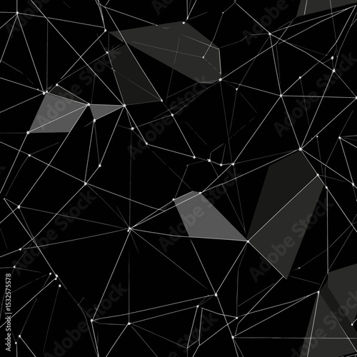 Abstract dark polygonal wireframe mesh with interconnected glowing points and geometric low poly digital network pattern on black background