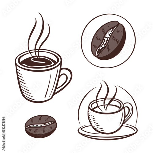 Coffee cup with beans and steam in vector icon style