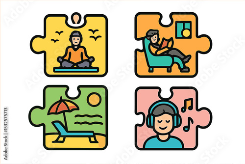 Puzzle pieces of relaxation: meditation, reading, beach, music